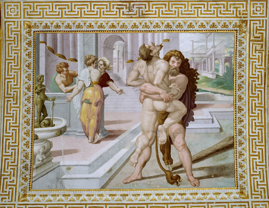 Wrestling of Hercules (Heracles) and Ante, 1570. Fresco by Orazio Samacchini (1532-1577) in the Hall of Hercules (Sala di Ercole), Sala Baganza (Parma).