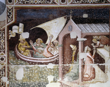 Fresco depicting the life of Saint Nicholas, also known as Saint Nicholas of Myra (270-345). He resurrected three children killed by a butcher (left) and saved from the storm a boat carrying a cargo of wheat for the town of Myre (right). Work by Vitale degli Equi, dit Vitale Da Bologna (1308/1309-1359/1361). Cathedrale of Udine.