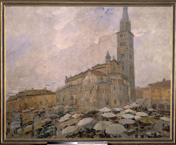 Piazza delle Erbe a Modena (= Piazza del Duomo). View of the city and the walk, square de la cathedrale in Modene, Italy. Painting by Giuseppe Graziosi (1879-1942). Museo Civico, Modene. Rights reserved.