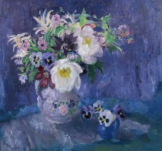 Still Life of Anemones, White Peonies and Pansies in a Vase, 1968 (oil on canvas)