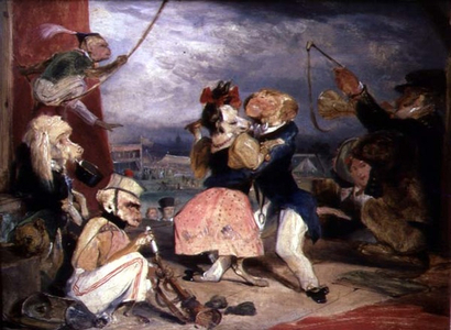 West End Fair: Monkeys and Dogs Performing on a Stage (oil on panel)