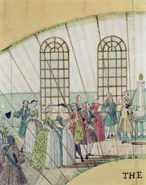 'The Bath Medley', detail from a fan showing the interior of the Pump Room in Bath, printed in 1735 (pen, ink & w/c on paper)