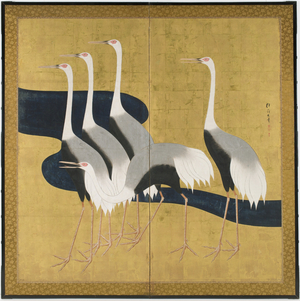 Two-panel folding screen depicting cranes (ink, colours and gold on paper)