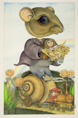 Mouse and Doll on a Snail Train (pencil and coloured crayon paper) (pair of 150078)