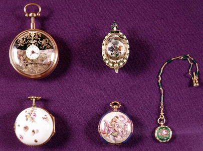 Selection of five 17th, 18th and 19th century European pocket watches, elaborately decorated with painted porcelain or cloisonne enamel, one with a seal ring on a chain (see also 66861)