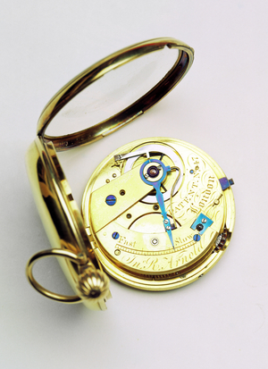 Pocket watch with gold case, showing early keyless winding mechanism, and maker's signature, English by John Roger Arnold, 1821-2 (see also 66863)