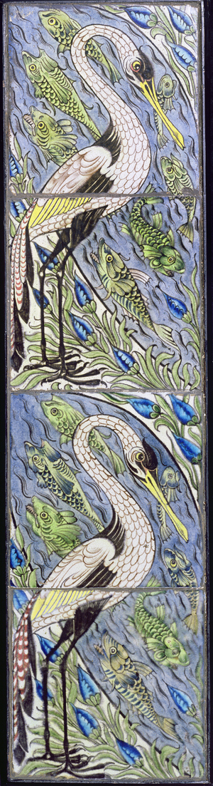 Four tiles depicting fishing birds (ceramic)
