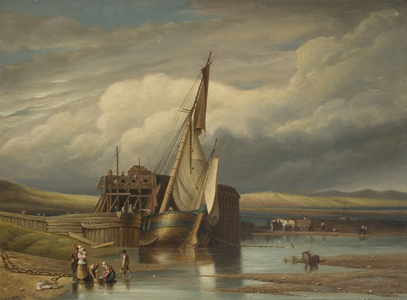 Women at the water's edge with a sailing boat, 1838 (oil on board)