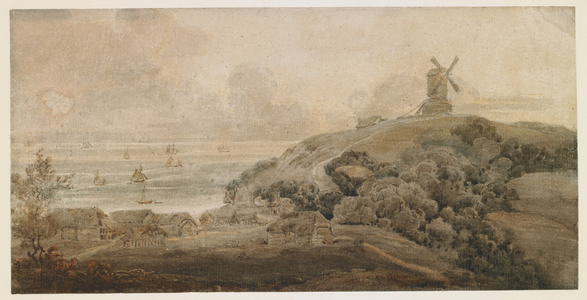 Landscape with windmill on hilly ground by the sea, c.1797-98 (watercolour with gum arabic over pencil on paper)
