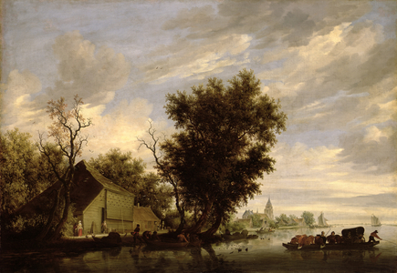 River Scene with a Ferry Boat (oil on panel)