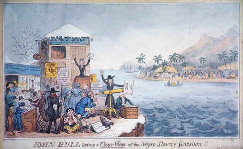 John Bull Taking a Clear View of the Negro Slavery Question, published by G. Humphrey, 1826 (colour litho)