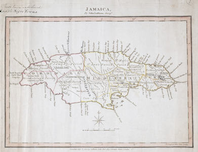 Map of Jamaica showing maroon settlements underlined, where runaway slaves found refuge, 1805 (ink on paper)