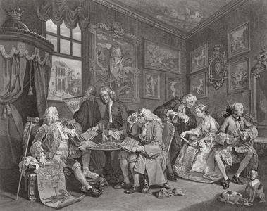 Marriage a la Mode, Plate I, The Marriage Settlement, engraved by Bernard Baron (1696-1762) 1745 (engraving) (see also 62692)