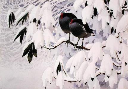 Moorhens in Snow (w/c on paper)