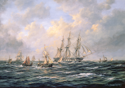 Convoy of East Indiamen amid Fishing Boats