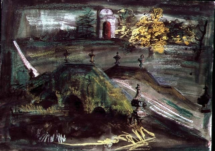 Stowe, Buckinghamshire, c.1975: The Oxford Bridge and one of the Boycott Pavilions (mixed media)