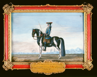 No.8 A piebald horse and rider, from the Spanish Riding School, the horse belonging to the late Prince of Schwartzenberg, equerry to Emperor Charles VI (w/c on paper)