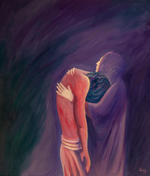 The sorrowful Virgin Mary holds her Son Jesus after his death, pierced to the heart with sorrow, but full of faith, 2000 (oil on board)