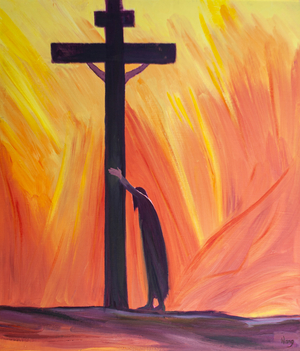 If our sufferings make it hard to pray we can simply lean on the Cross, close to Christ, resting in Him, and patiently endure our difficulties, 2000 (oil on board)