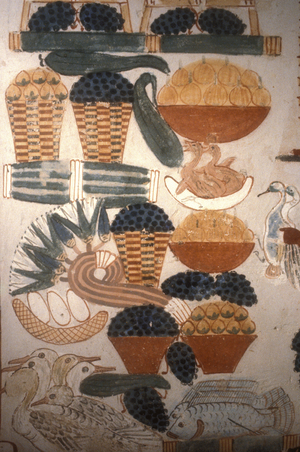Fruit, fish and poultry, from the Tomb of Nakht, New Kingdom (wall painting)