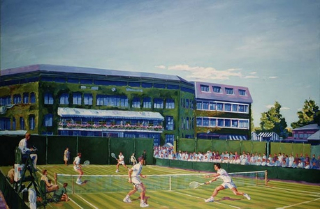 Wimbledon Men's Doubles, an outside court with a view of Centre Court, I (oil on canvas)