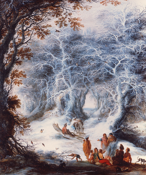 Winter Landscape with a Gypsy Encampment (oil on panel)