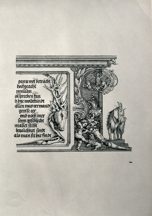 The Triumphal Arch of Emperor Maximilian I of Germany (1459-1519): detail of a deer-skin with an inscription lauding the Emperor's family connections, with a floppy-eared goat, symbol of acuteness of hearing alluding to the emperor's alertness, pub. 1517/18 (woodcut)