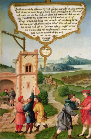 'Whoever gives one of these little ones even a cup of cold water because he is a disciple, I tell you, he shall not lose his reward' (Matthew 10, Luke 12 v.14), illustration of Christ's teaching, from the Mompelgarter Altarpiece (panel) (see also 72465-79)