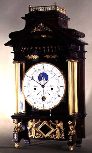 Astronomical Clock with wooden casing decorated with gilding and bronzework and enamel dial with Roman numerals by Philip Fertbauer, Vienna, c.1810/15