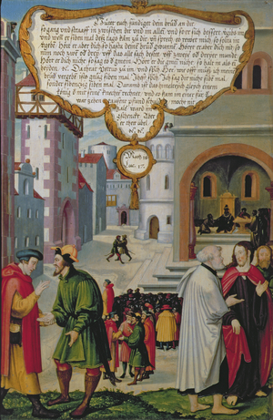 'The Realm of Heaven may be compared to a king who resolved to settle accounts with his servants' (Matthew 18, Luke 17), illustration to Christ's teaching, section of wing panel from the Mompelgarter Altarpiece (see also 72465-79)