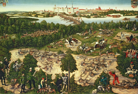 Hunt in Honour of the Emperor Charles V near Hartenfels Castle, Torgau, 1544 (oil on panel) (see also 498131, 38682 and 498129)
