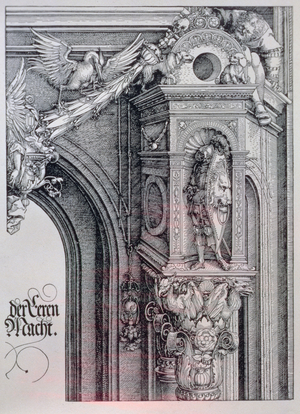 The Triumphal Arch of Emperor Maximilian I (1459-1519): detail of central arch (the Gate of Honor and Power) showing a foliate and animated column capital supporting a knight standing in an architectural niche, a figure holding one side of a hanging cartouche above, dated 1515, pub. 1517/18 (woodcut)