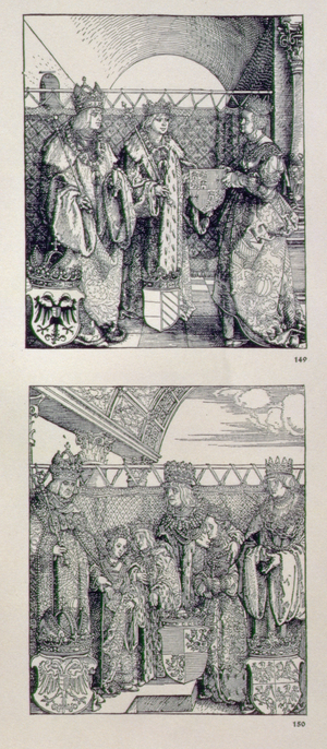 The Triumphal Arch of Emperor Maximilian I (1459-1519): detail showing two panels placed above the left-hand portal depicting events in the life of Emperor Maximilian, pub. 1517/28 (woodcut)