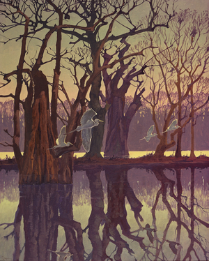Egrets in a Cypress swamp, 1953 (oil on canvas)