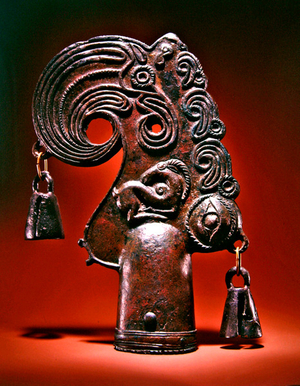 Finial, fantastic bird's head decorated with animals, a human eye, and bells, 5th-6th century BC (bronze)