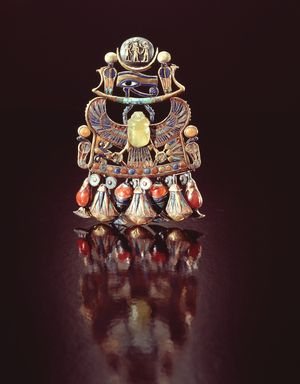 Pectoral with a bird-scarab, from the tomb of Tutankhamun, New Kingdom (gold cloisonne decorated with semi-precious stones & glass paste)