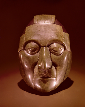Mosaic mask representing an old man, from the Ruz tomb under the Temple of the Inscriptions at Palenque, Chipas (jade)