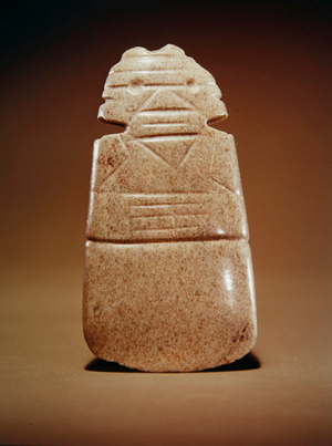Anthropomorphic axe god, from Guacimo, Linea Vieja area (speckled medium green jade)