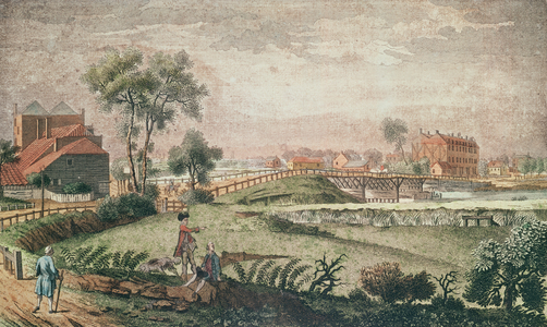 A West view of Chelsea Bridge, 1761 (colour engraving)