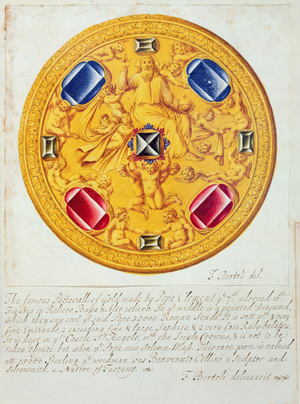 Front view of a pectoral ornament of gold and jewels made for Pope Clement VII by Cellini in c.1523-34, 1729 (w/c on paper)