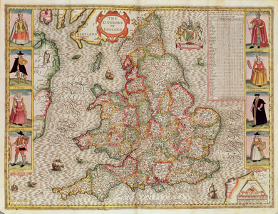 The Kingdome of England, engraved by Jodocus Hondius (1563-1612) from John Speed's 'Theatre of the Empire of Great Britain', pub. by John Sudbury and George Humble, 1611-12 (hand coloured copper engraving)