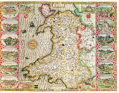 Wales, engraved by Jodocus Hondius (1563-1612) from John Speed's 'Theatre of the Empire of Great Britain', published by John Sudbury and George Humble, 1611-12 (hand coloured copper engraving)