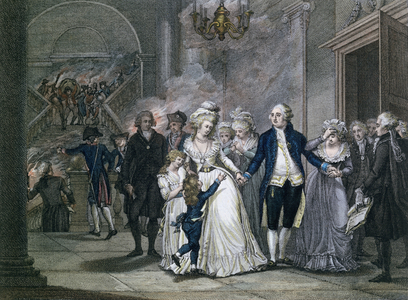 Louis XVI (1754-93) Bidding Farewell to his Family, 20th January 1793, engraved by Reinier Vinkeles (1741-1816) and Daniel Vrydag (1765-1822) (coloured engraving)