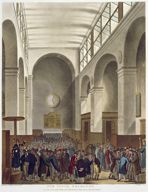 The New Stock Exchange, Bartholomew Lane, from Ackermann's 'Microcosm of London', published 1809 (coloured aquatint)