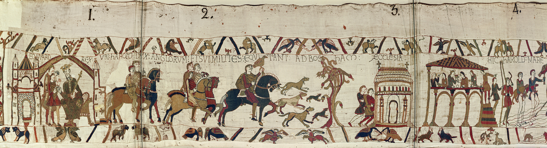 King Edward the Confessor sends Harold with his men to Normandy, Bayeux Tapestry (wool embroidery on linen)