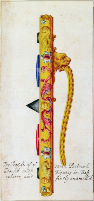 Side view of a pectoral ornament of gold and jewels made for Pope Clement VII by Cellini in c.1523-34 (detail from 18061)