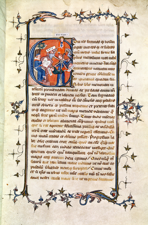 Ms.239 fol.1 Page with a historiated Initial depicting a seated man before the Wheel of Fortune, from 'De Remediis Utriusque Fortunae' by Petrarch (1304-74) (vellum)