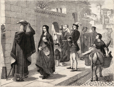 the first meeting of Laure (Laura de Noves, 1308-1348) and Francesco Petrarca (Petrarca) (Italian writer 1304 - 1374)