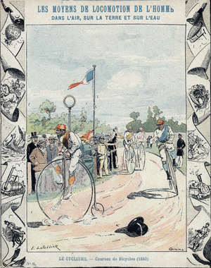 Bicycle race with Ordinary bicycle, 1880 - From a protective sleeve for school books, late 19th century - illustration by E Letellier - Races de bicycles, ou grand bi (grand-bi), 1880 - Protected notebook, end 19th century -