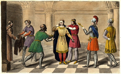 Thierry III is taken from the abbey of Saint Denis to rise to the throne, 1825 (engraving)